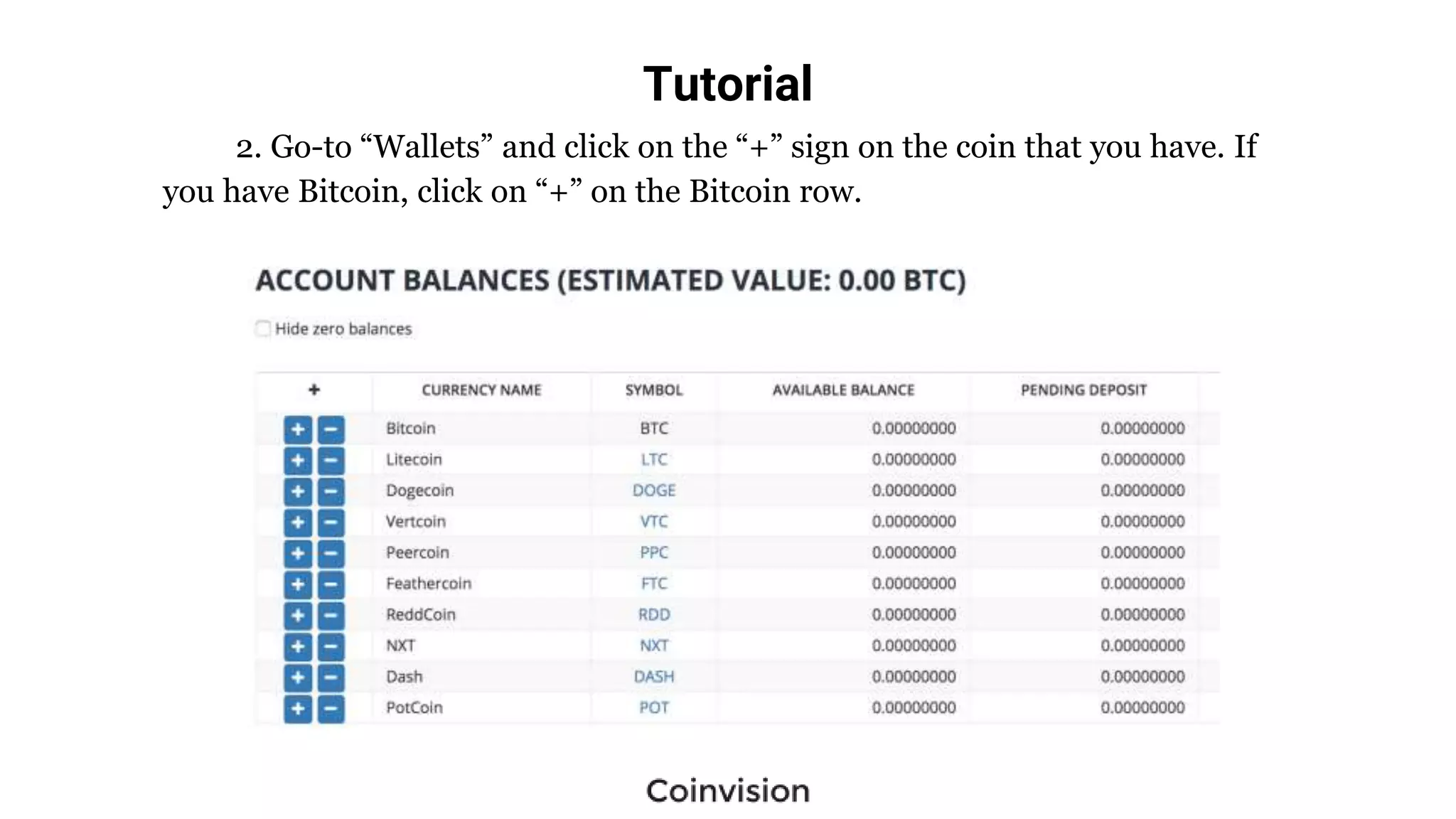 Tutorial
2. Go-to “Wallets” and click on the “+” sign on the coin that you have. If
you have Bitcoin, click on “+” on the Bitcoin row.
 