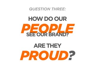 QUESTION THREE:

HOW DO OUR

PEOPLE
SEE OUR BRAND?

ARE THEY

PROUD?

 