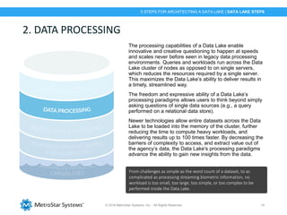 © 2018 MetroStar Systems, Inc. - All Rights Reserved 14
2. DATA PROCESSING
The processing capabilities of a Data Lake enable
innovative and creative questioning to happen at speeds
and scales never before seen in legacy data processing
environments. Queries and workloads run across the Data
Lake cluster of nodes as opposed to on single servers,
which reduces the resources required by a single server.
This maximizes the Data Lake’s ability to deliver results in
a timely, streamlined way.
The freedom and expressive ability of a Data Lake’s
processing paradigms allows users to think beyond simply
asking questions of single data sources (e.g., a query
performed on a relational data store).
Newer technologies allow entire datasets across the Data
Lake to be loaded into the memory of the cluster, further
reducing the time to compute heavy workloads, and
delivering results up to 100 times faster. By decreasing the
barriers of complexity to access, and extract value out of
the agency’s data, the Data Lake’s processing paradigms
advance the ability to gain new insights from the data.
From challenges as simple as the word count of a dataset, to as
complicated as processing streaming biometric information, no
workload is too small, too large, too simple, or too complex to be
performed inside the Data Lake.
5 STEPS FOR ARCHITECTING A DATA LAKE | DATA LAKE STEPS
 