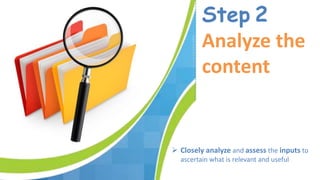 Step 2
Analyze the
content
 Closely analyze and assess the inputs to
ascertain what is relevant and useful
 