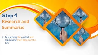 Step 4
Research and
Summarize
 Researching the content and
segregating them based on the
Learning Objectives
 
