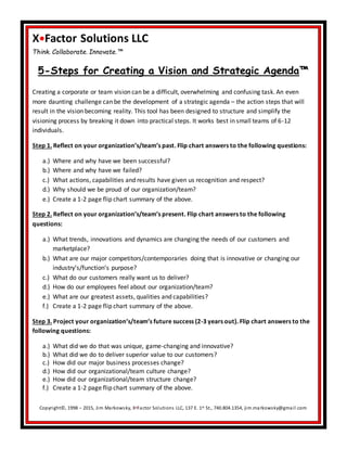 X•Factor Solutions LLC
Think. Collaborate. Innovate.™
5-Steps for Creating a Vision and Strategic Agenda™
Creating a corporate or team vision can be a difficult, overwhelming and confusing task. An even
more daunting challenge can be the development of a strategic agenda – the action steps that will
result in the vision becoming reality. This tool has been designed to structure and simplify the
visioning process by breaking it down into practical steps. It works best in small teams of 6-12
individuals.
Step 1. Reflect on your organization’s/team’s past. Flip chart answers to the following questions:
a.) Where and why have we been successful?
b.) Where and why have we failed?
c.) What actions, capabilities and results have given us recognition and respect?
d.) Why should we be proud of our organization/team?
e.) Create a 1-2 page flip chart summary of the above.
Step 2. Reflect on your organization’s/team’s present. Flip chart answers to the following
questions:
a.) What trends, innovations and dynamics are changing the needs of our customers and
marketplace?
b.) What are our major competitors/contemporaries doing that is innovative or changing our
industry’s/function’s purpose?
c.) What do our customers really want us to deliver?
d.) How do our employees feel about our organization/team?
e.) What are our greatest assets, qualities and capabilities?
f.) Create a 1-2 page flip chart summary of the above.
Step 3. Project your organization’s/team’s future success (2-3 years out). Flip chart answers to the
following questions:
a.) What did we do that was unique, game-changing and innovative?
b.) What did we do to deliver superior value to our customers?
c.) How did our major business processes change?
d.) How did our organizational/team culture change?
e.) How did our organizational/team structure change?
f.) Create a 1-2 page flip chart summary of the above.
Copyright©, 1998 – 2015, Jim Markowsky, X•Factor Solutions LLC, 137 E. 1st St., 740.804.1354, jim.markowsky@gmail.com
 