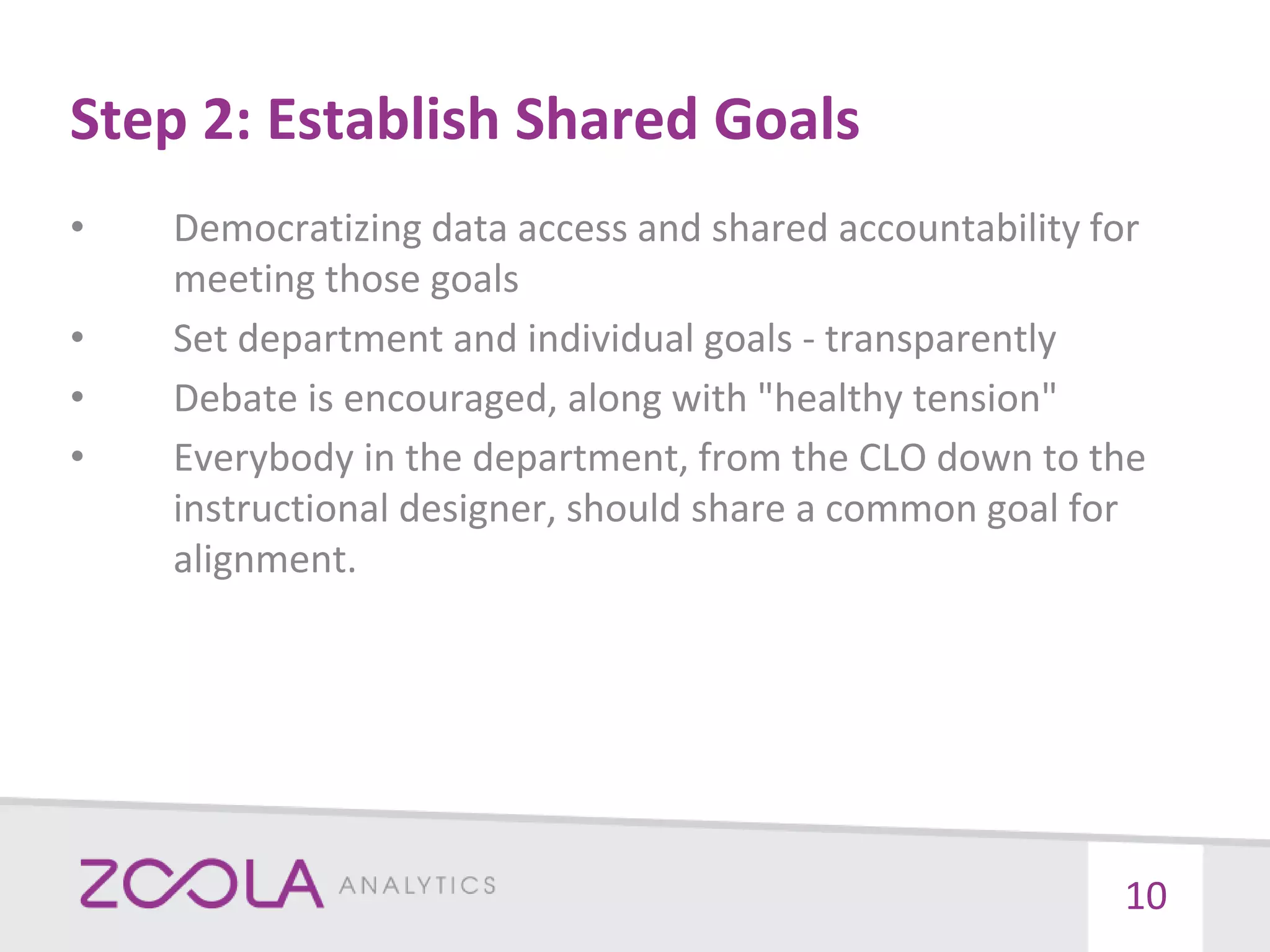 Step 2: Establish Shared Goals
• Democratizing data access and shared accountability for
meeting those goals
• Set department and individual goals - transparently
• Debate is encouraged, along with "healthy tension"
• Everybody in the department, from the CLO down to the
instructional designer, should share a common goal for
alignment.
10
 