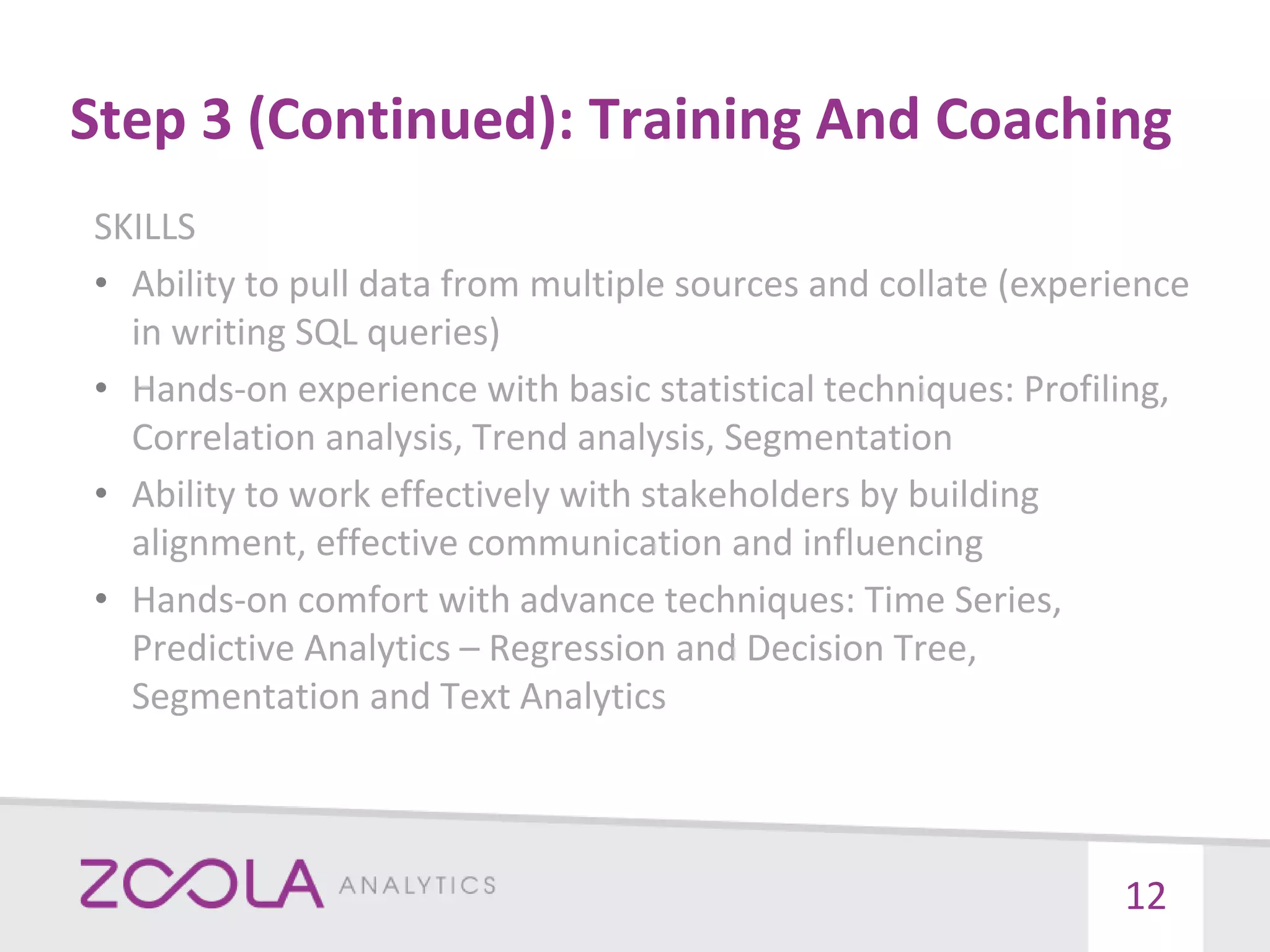 Step 3 (Continued): Training And Coaching
SKILLS
• Ability to pull data from multiple sources and collate (experience
in writing SQL queries)
• Hands-on experience with basic statistical techniques: Profiling,
Correlation analysis, Trend analysis, Segmentation
• Ability to work effectively with stakeholders by building
alignment, effective communication and influencing
• Hands-on comfort with advance techniques: Time Series,
Predictive Analytics – Regression and Decision Tree,
Segmentation and Text Analytics
12
 