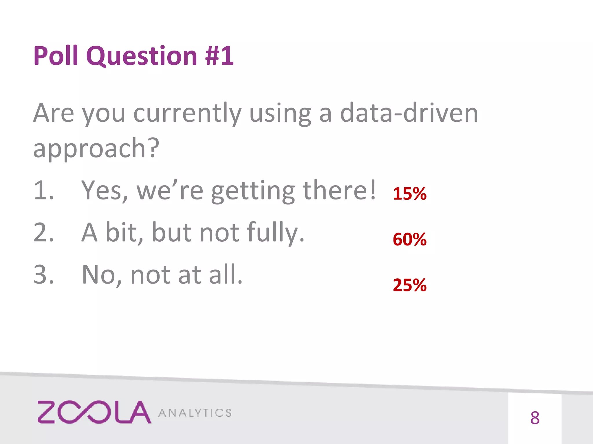 Poll Question #1
Are you currently using a data-driven
approach?
1. Yes, we’re getting there!
2. A bit, but not fully.
3. No, not at all.
8
15%
60%
25%
 