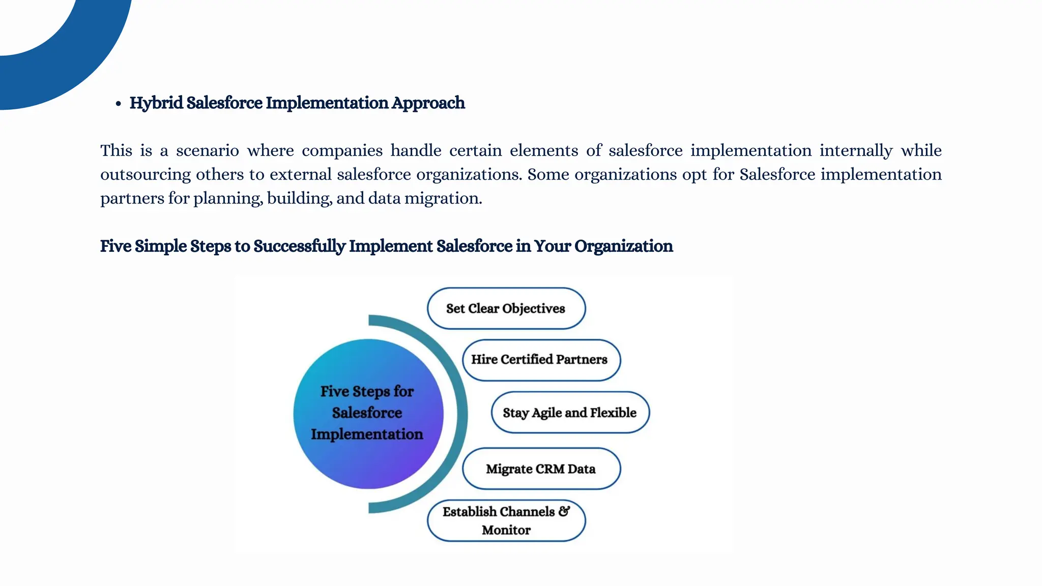 Hybrid Salesforce Implementation Approach
This is a scenario where companies handle certain elements of salesforce implementation internally while
outsourcing others to external salesforce organizations. Some organizations opt for Salesforce implementation
partners for planning, building, and data migration.
Five Simple Steps to Successfully Implement Salesforce in Your Organization
 