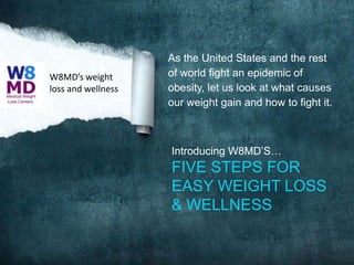W8MD’s weight
loss and wellness

As the United States and the rest
of world fight an epidemic of
obesity, let us look at what causes
our weight gain and how to fight it.

Introducing W8MD’S…

FIVE STEPS FOR
EASY WEIGHT LOSS
& WELLNESS

 