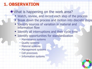 1. OBSERVATION What is happening on the work area? Watch, review, and record each step of the process Break down the process and motion into discrete steps Identify sources of variation in material and information flow Identify all interruptions and their cycle time Identify opportunities for standardization Maintenance systems Quality systems Material systems Management systems Cell processes Information systems Plan - Do - Check - Action- 