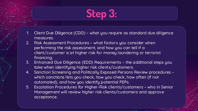 Step 3:
1. Client Due Diligence (CDD) – what you require as standard due diligence
measures.
2. Risk Assessment Procedures – what factors you consider when
performing the risk assessment, and how you can tell if a
client/customer is at higher risk for money laundering or terrorist
ﬁnancing.
3. Enhanced Due Diligence (EDD) Requirements – the additional steps you
take when identifying higher risk clients/customers.
4. Sanction Screening and Politically Exposed Persons Review procedures –
which sanctions lists you check, how you check, how often (if not
automated), and how you identify potential PEPs.
5. Escalation Procedures for Higher-Risk clients/customers – who in Senior
Management will review higher risk clients/customers and approve
acceptance.
 