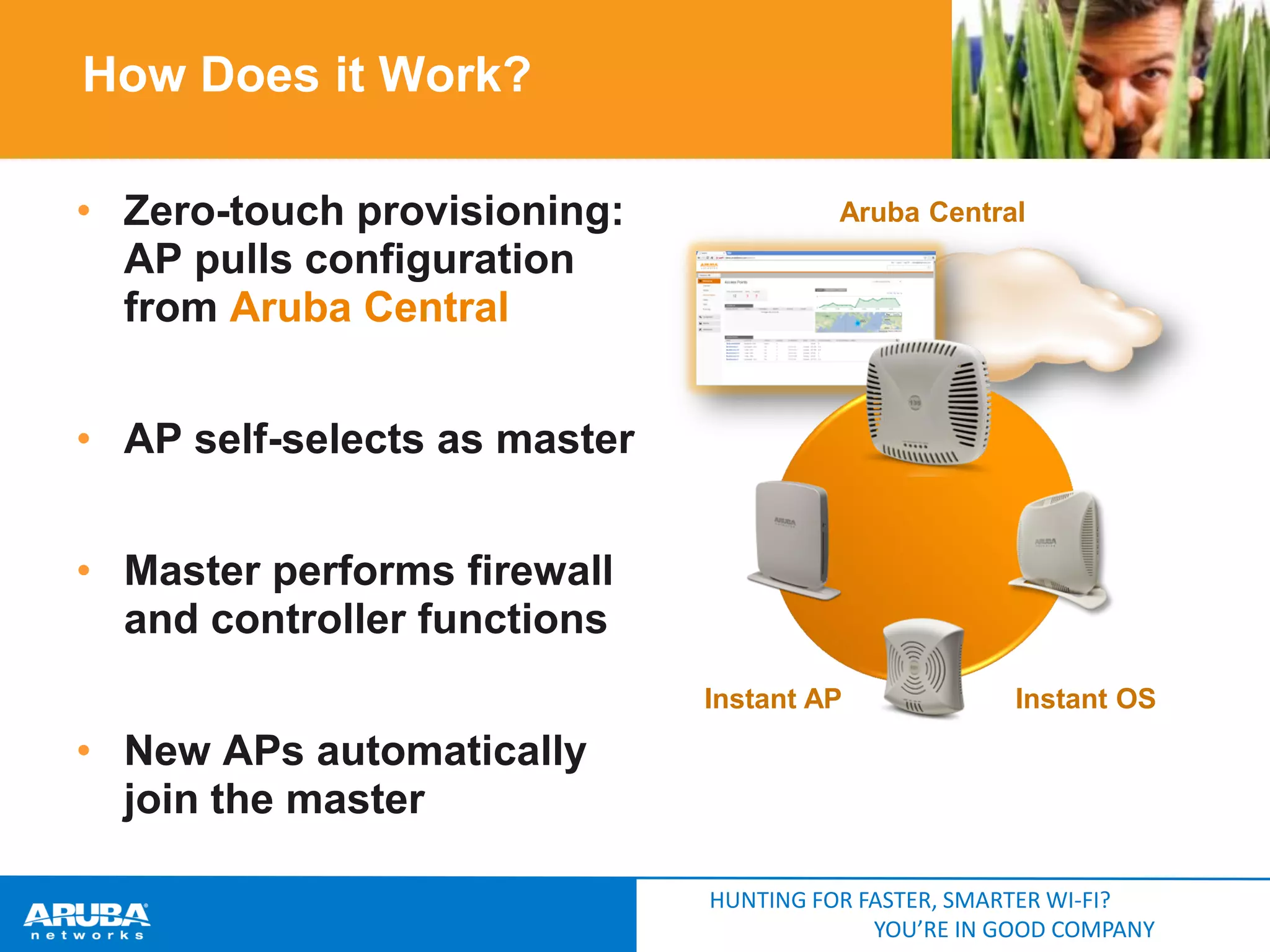 How Does it Work?
• Zero-touch provisioning:
AP pulls configuration
from Aruba Central

Aruba Central

• AP self-selects as master
• Master performs firewall
and controller functions
Instant AP

Instant OS

• New APs automatically
join the master
HUNTING FOR FASTER, SMARTER WI-FI?
YOU’RE IN GOOD COMPANY

 