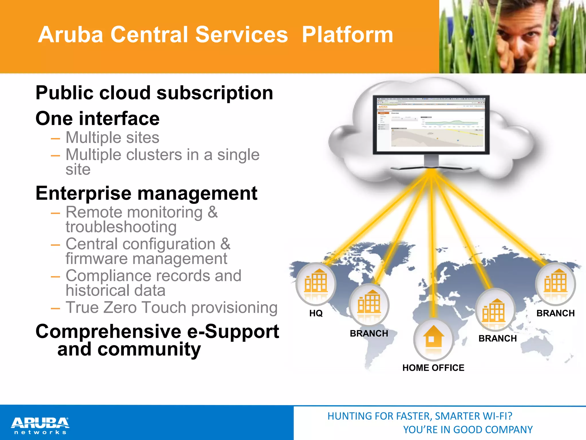 Aruba Central Services Platform
Public cloud subscription
One interface
– Multiple sites
– Multiple clusters in a single
site

Enterprise management

– Remote monitoring &
troubleshooting
– Central configuration &
firmware management
– Compliance records and
historical data
– True Zero Touch provisioning

Comprehensive e-Support
and community

HQ

BRANCH
BRANCH

BRANCH
HOME OFFICE

HUNTING FOR FASTER, SMARTER WI-FI?
YOU’RE IN GOOD COMPANY

 