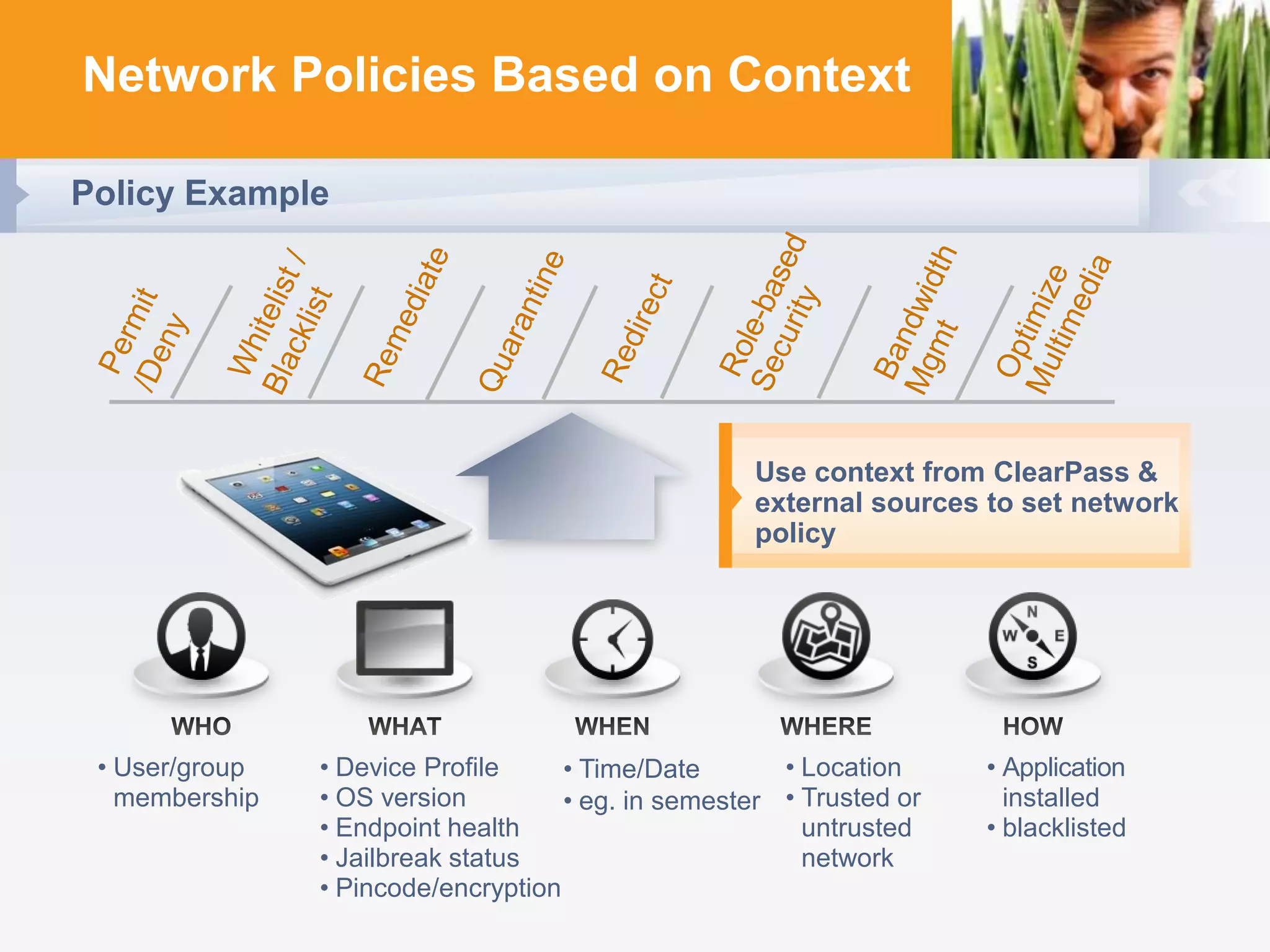 Network Policies Based on Context
Policy Example

Use context from ClearPass &
external sources to set network
policy

• User/group
membership

• Device Profile
• Location
• Application
• Time/Date
• OS version
installed
• eg. in semester • Trusted or
• Endpoint health
untrusted
• blacklisted
• Jailbreak status
network
• Pincode/encryption
HUNTING FOR FASTER, SMARTER WI-FI?
YOU’RE IN GOOD COMPANY

 