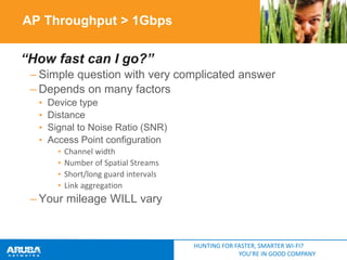 AP Throughput > 1Gbps

“How fast can I go?”
– Simple question with very complicated answer
– Depends on many factors
•
•
•
•

Device type
Distance
Signal to Noise Ratio (SNR)
Access Point configuration
•
•
•
•

Channel width
Number of Spatial Streams
Short/long guard intervals
Link aggregation

– Your mileage WILL vary

HUNTING FOR FASTER, SMARTER WI-FI?
YOU’RE IN GOOD COMPANY

 