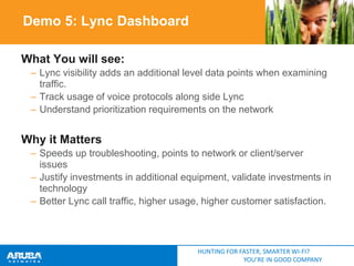 Demo 5: Lync Dashboard
What You will see:
– Lync visibility adds an additional level data points when examining
traffic.
– Track usage of voice protocols along side Lync
– Understand prioritization requirements on the network

Why it Matters
– Speeds up troubleshooting, points to network or client/server
issues
– Justify investments in additional equipment, validate investments in
technology
– Better Lync call traffic, higher usage, higher customer satisfaction.

HUNTING FOR FASTER, SMARTER WI-FI?
YOU’RE IN GOOD COMPANY

 