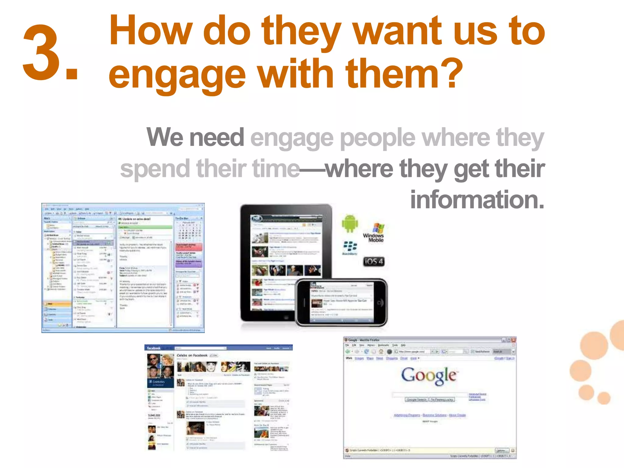 How do they want us to
3.   engage with them?
       We need engage people where they
     spend their time—where they get their
                             information.




                                             24
                                             24
 