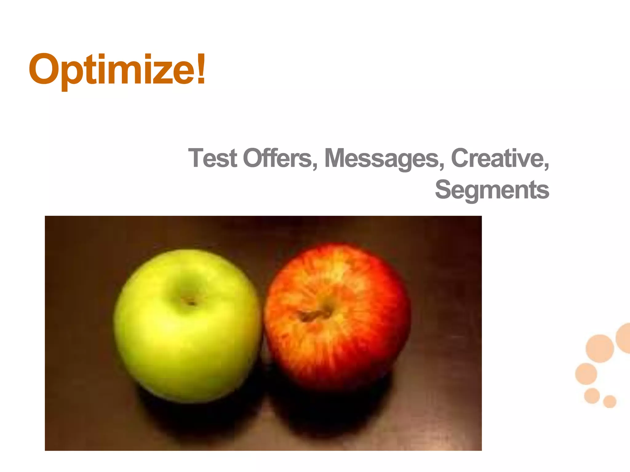 Optimize!
       Test Offers, Messages, Creative,
                            Segments




                                          33
                                          33
 
