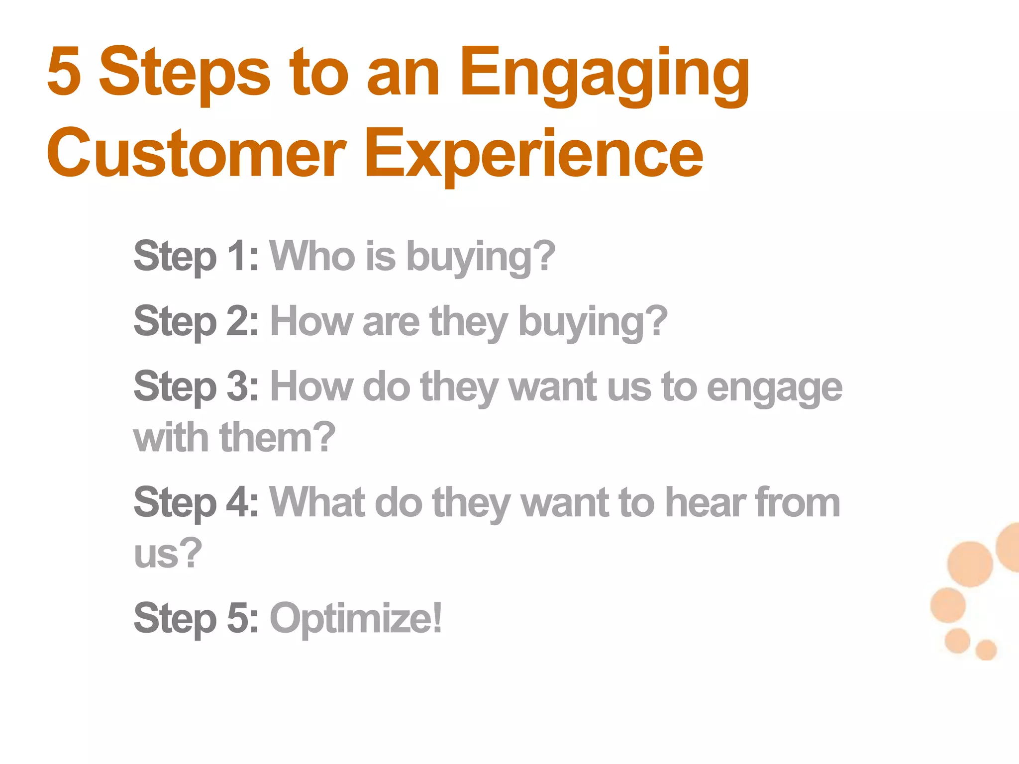 5 Steps to an Engaging
Customer Experience
  Step 1: Who is buying?
  Step 2: How are they buying?
  Step 3: How do they want us to engage
  with them?
  Step 4: What do they want to hear from
  us?
                                           35
  Step 5: Optimize!                        35
 