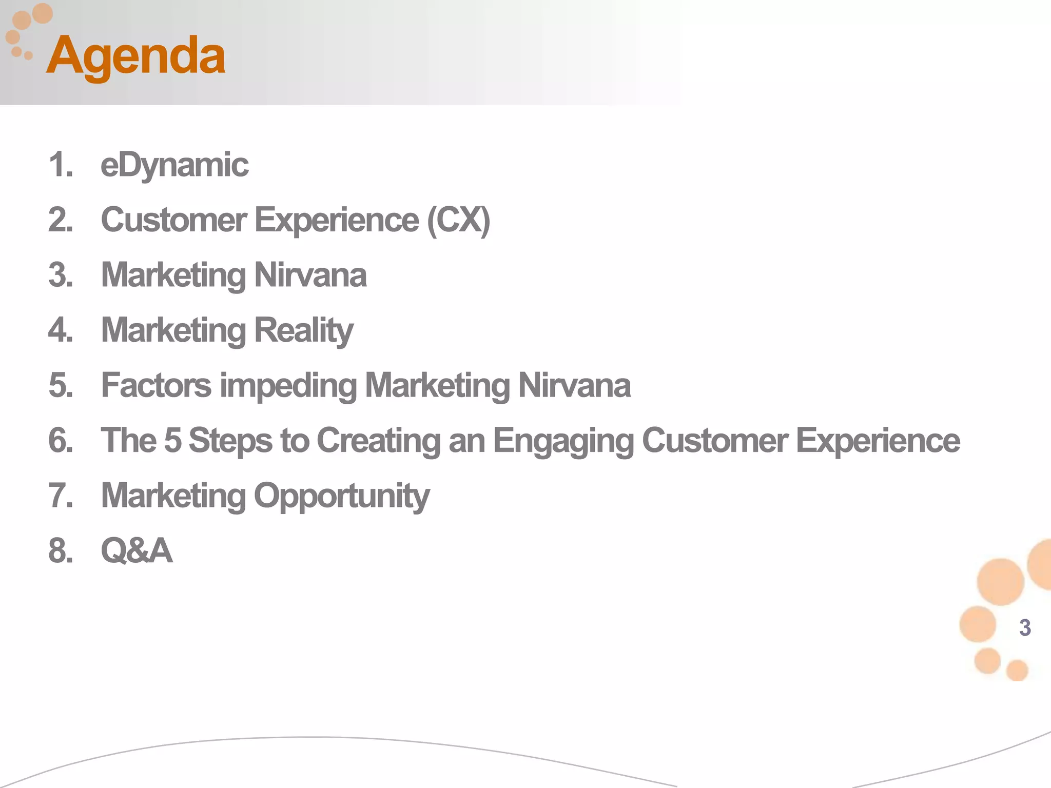 Agenda
1. eDynamic
2. Customer Experience (CX)
3. Marketing Nirvana
4. Marketing Reality
5. Factors impeding Marketing Nirvana
6. The 5 Steps to Creating an Engaging Customer Experience
7. Marketing Opportunity
8. Q&A

                                                             3
 