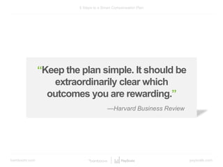 bamboohr.com payscale.com
5 Steps to a Smart Compensation Plan
—Harvard Business Review
“Keep the plan simple. It should be
extraordinarily clear which
outcomes you are rewarding.”
 