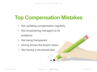 bamboohr.com payscale.com
5 Steps to a Smart Compensation Plan
Top Compensation Mistakes
• Not updating compensation regularly
• Not empowering managers to fix
problems
• Not being transparent
• Giving across-the-board raises
• Not having a structured plan
 