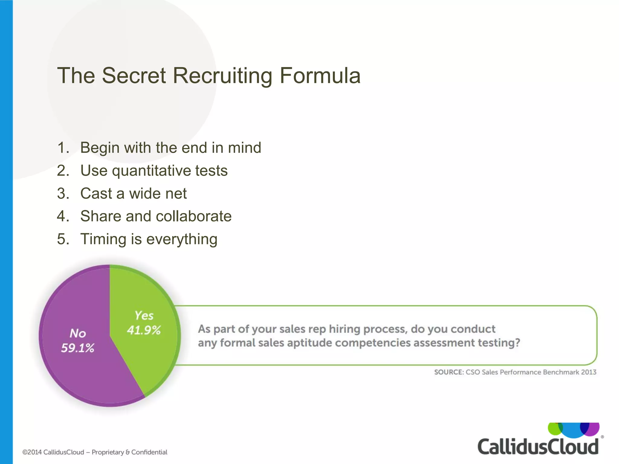 The Secret Recruiting Formula 
1.Begin with the end in mind 
2.Use quantitative tests 
3.Cast a wide net 
4.Share and collaborate 
5.Timing is everything  