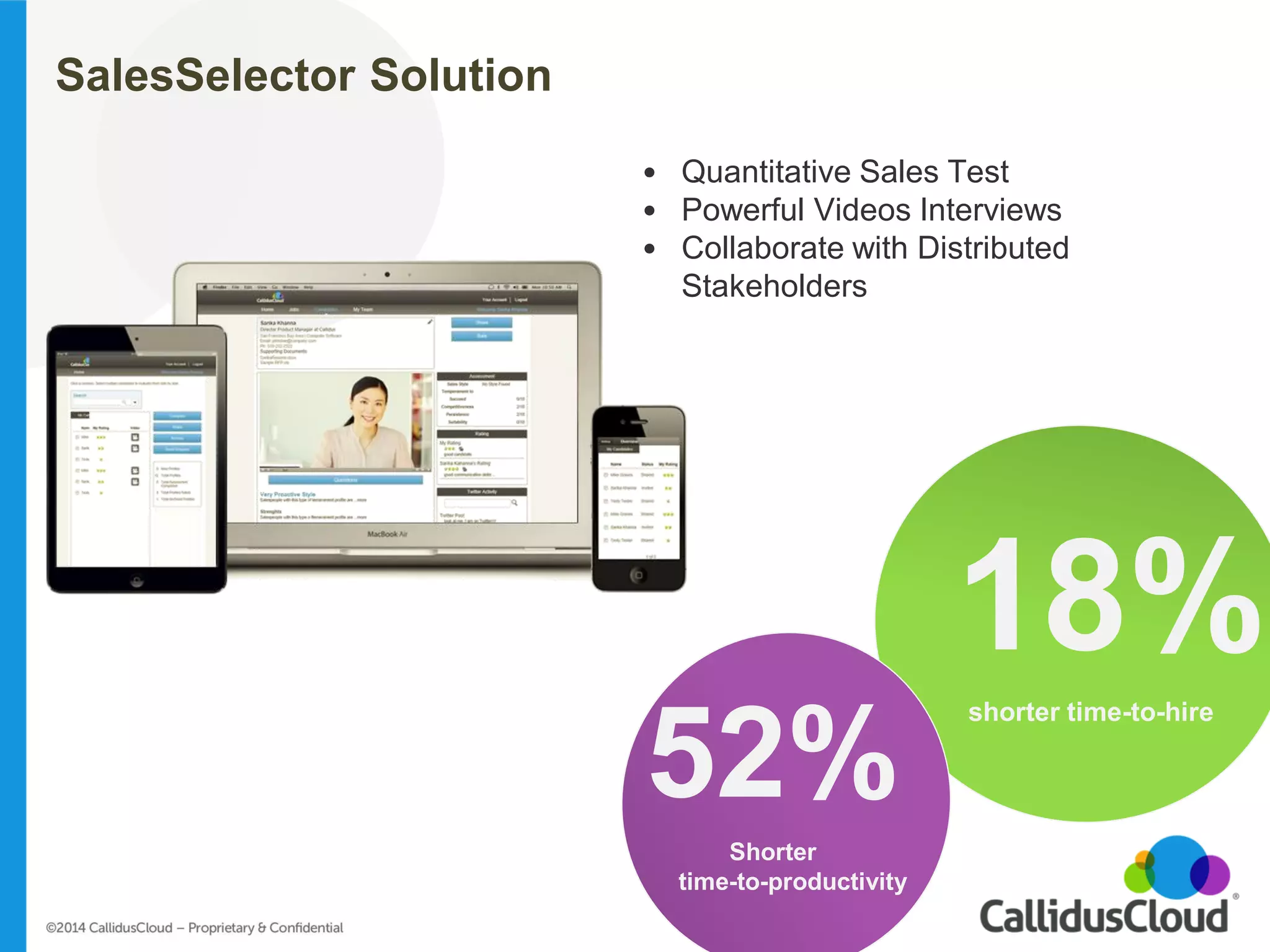 SalesSelector Solution 
18% 
shorter time-to-hire 
52% 
Shorter time-to-productivity 
•Quantitative Sales Test 
•Powerful Videos Interviews 
•Collaborate with Distributed Stakeholders  