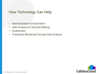 How Technology Can Help 
•Standardization & Automation 
•Data Analysis for Decision Making 
•Enablement 
•Tracking & Monit...