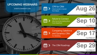 28
Failure to Connect
Why You're Not Getting More
From SharePoint
Sep 10
1-2 PM ET
Comparing Salesforce
and Dynamics CRM
For Marketing
Sep 17
1-2 PM ET
CPR for CRM
How to avoid or recover
from failure
Aug 26
2-3 PM ET
The CRM Roadmap
Sep 29
1-2 PM ET
UPCOMING WEBINARS
EVENTS.C5INSIGHT.COM
 
