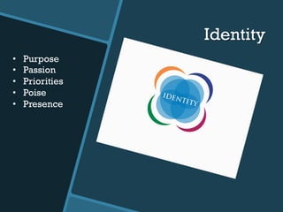 Identity
•  Purpose
•  Passion
•  Priorities
•  Poise
•  Presence
 