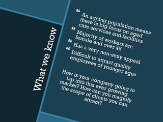 Whatweknow
}  An ageing population means
there is big focus on aged
care services and facilities
}  Majority of workers are
female and over 45
}  Has a very non-sexy appeal
}  Difficult to attract quality
employees of younger ages
How is your company going to
tap into this ever growing
market? How can you magnify
the scope of clients you can
attract?
 