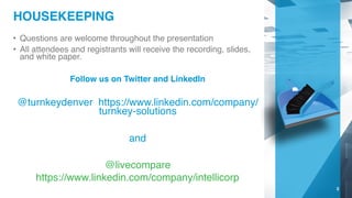 HOUSEKEEPING
• Questions are welcome throughout the presentation
• All attendees and registrants will receive the recording, slides,
and white paper.
Follow us on Twitter and LinkedIn
@turnkeydenver https://www.linkedin.com/company/
turnkey-solutions
and
@livecompare
https://www.linkedin.com/company/intellicorp
3
 