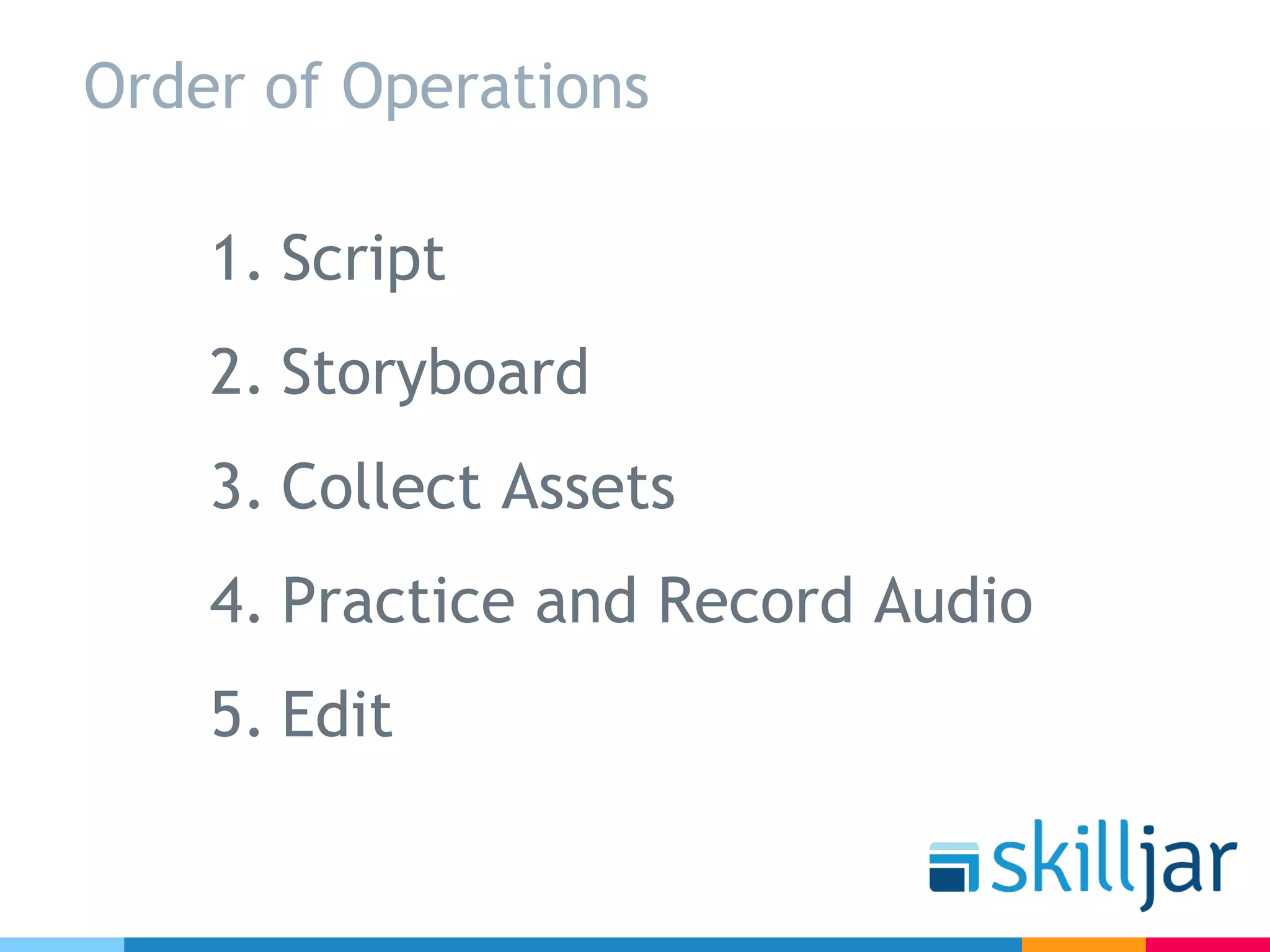 Order of Operations
1. Script
2. Storyboard
3. Collect Assets
4. Practice and Record Audio
5. Edit
 