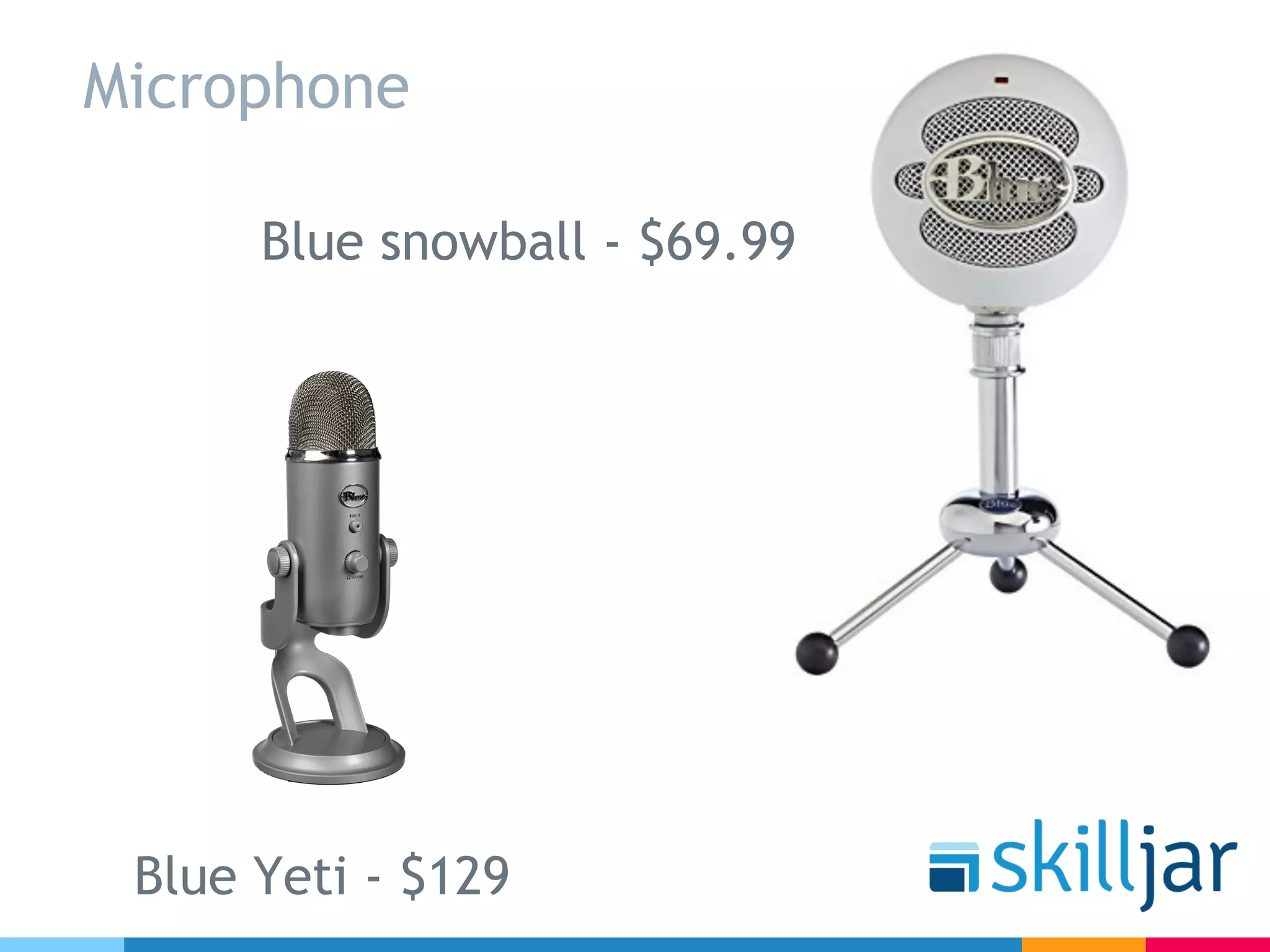 Microphone
Blue snowball - $69.99
Blue Yeti - $129
 