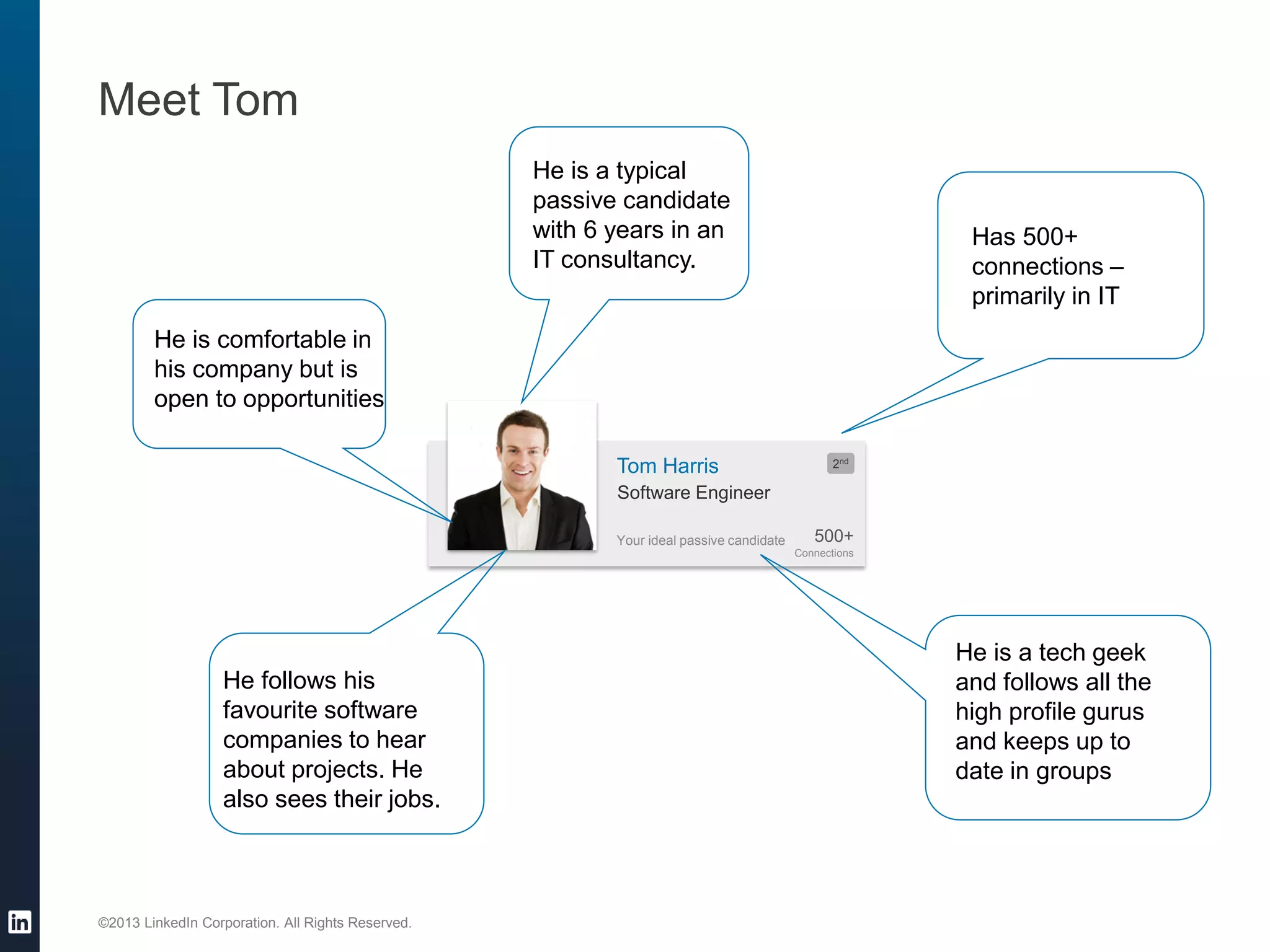 ©2013 LinkedIn Corporation. All Rights Reserved.
Meet Tom
Your ideal passive candidate
Tom Harris
500+
Connections
2nd
Software Engineer
Has 500+
connections –
primarily in IT
He is a tech geek
and follows all the
high profile gurus
and keeps up to
date in groups
He follows his
favourite software
companies to hear
about projects. He
also sees their jobs.
He is a typical
passive candidate
with 6 years in an
IT consultancy.
He is comfortable in
his company but is
open to opportunities
 