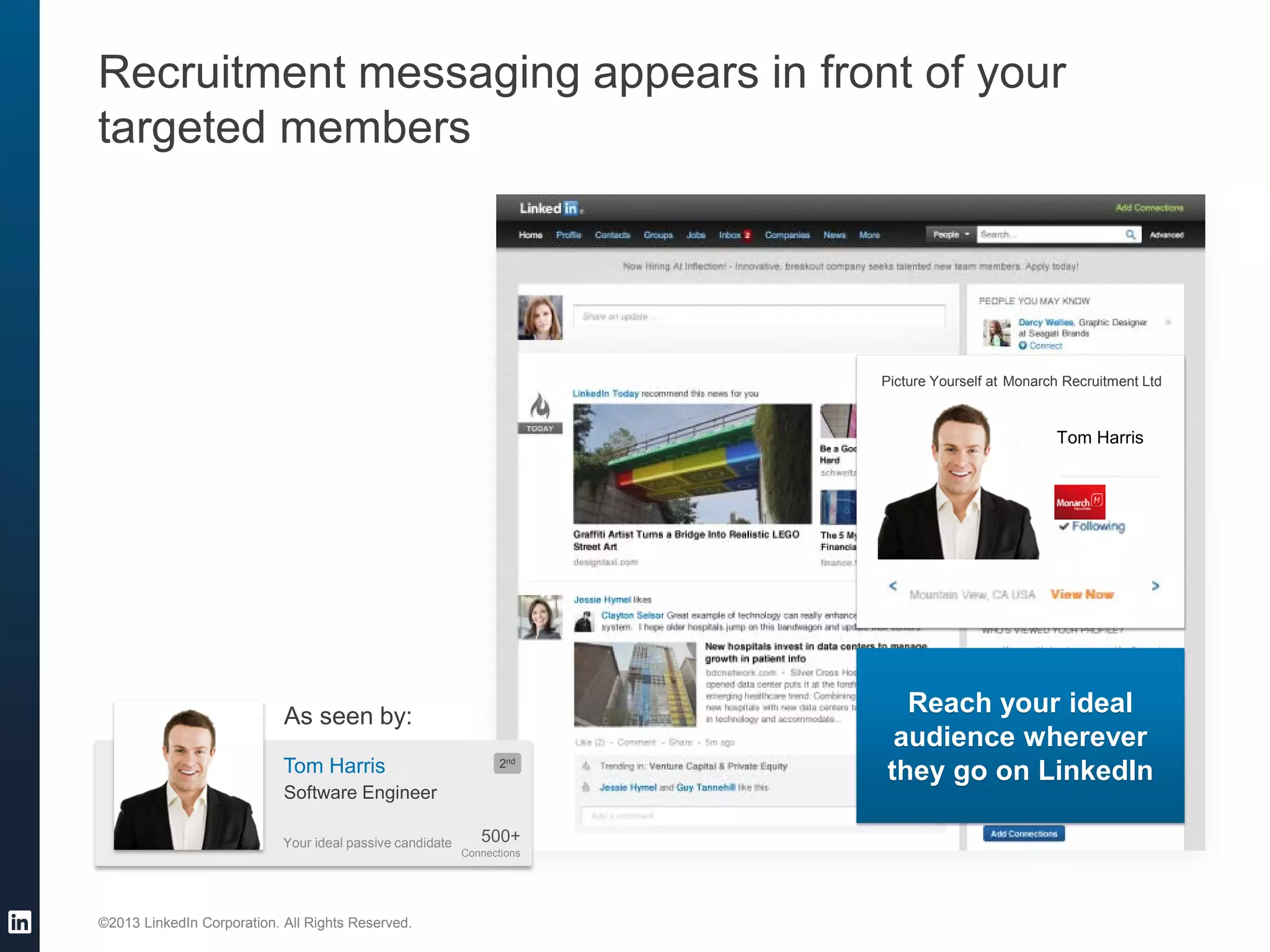 ©2013 LinkedIn Corporation. All Rights Reserved.
Recruitment messaging appears in front of your
targeted members
Picture yourself with a career in
Reach your ideal
audience wherever
they go on LinkedIn
Tom Harris
Monarch Recruitment LtdPicture Yourself at
Your ideal passive candidate
Tom Harris
500+
Connections
2nd
Software Engineer
As seen by:
 