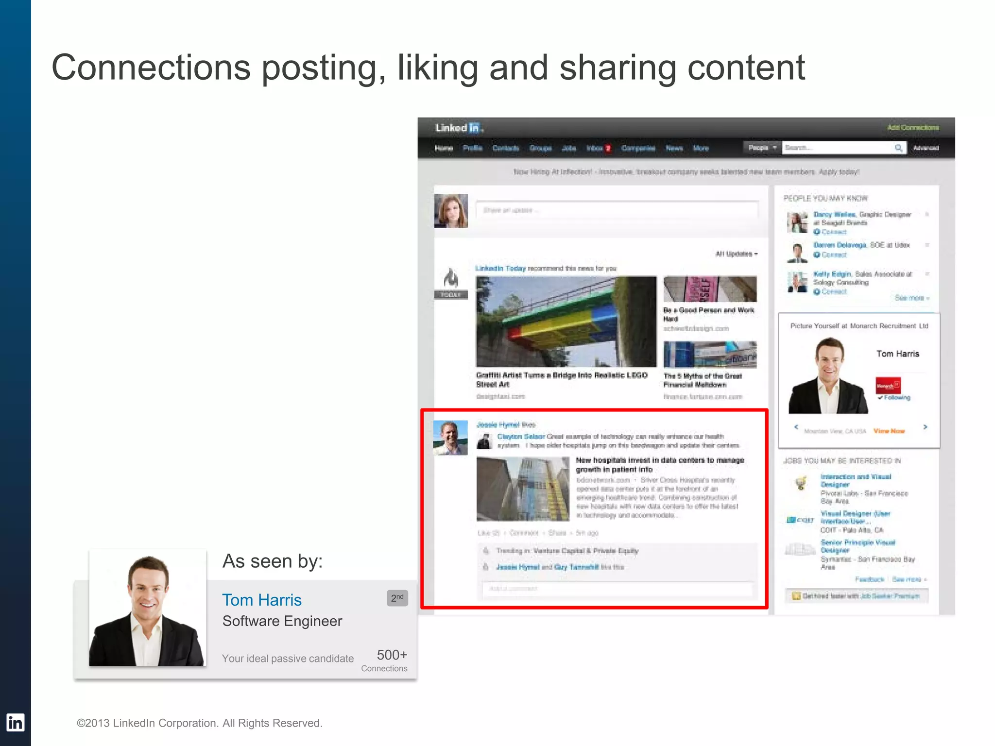 ©2013 LinkedIn Corporation. All Rights Reserved.
Connections posting, liking and sharing content
Your ideal passive candidate
Tom Harris
500+
Connections
2nd
Software Engineer
As seen by:
 