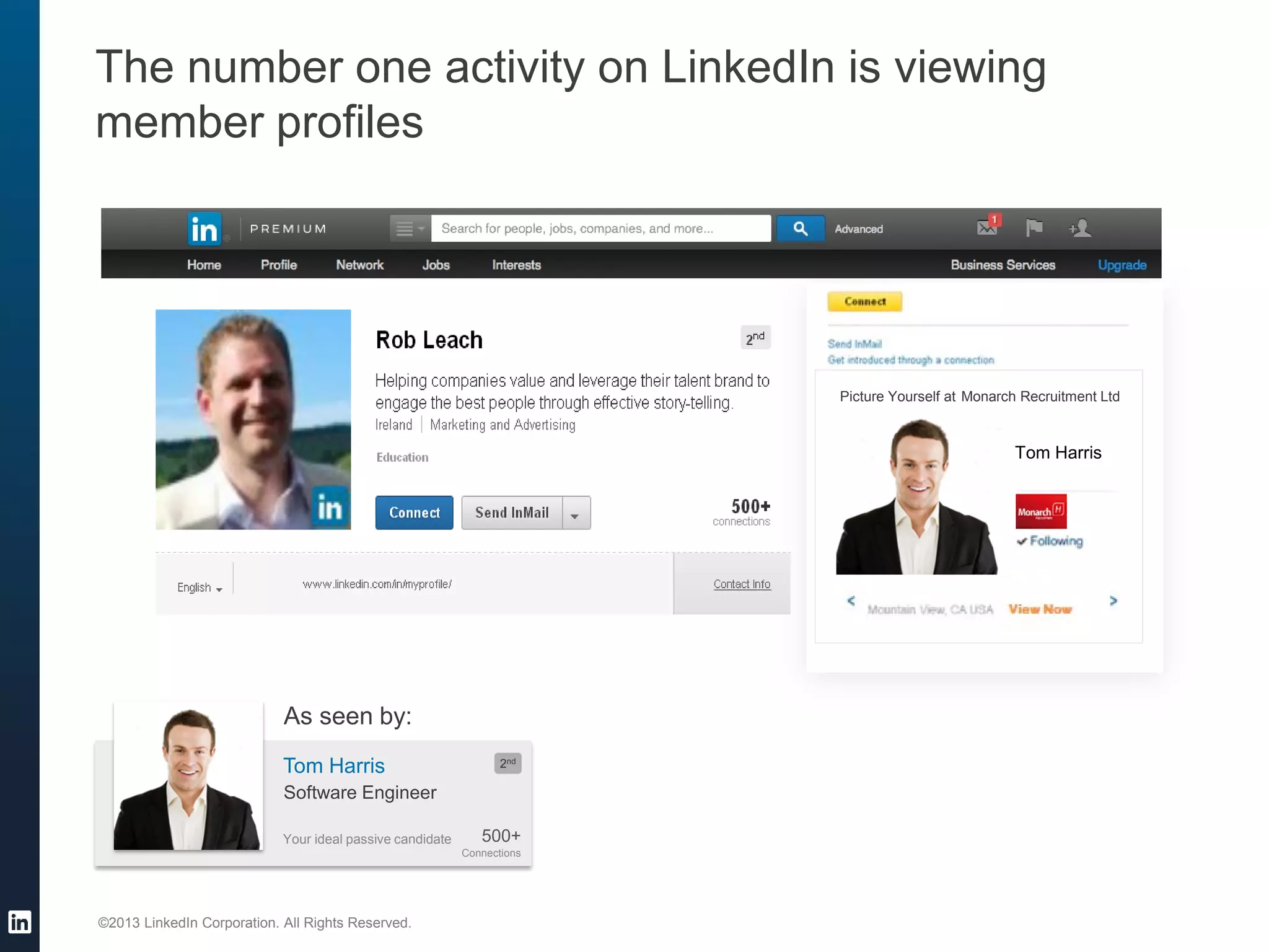 ©2013 LinkedIn Corporation. All Rights Reserved.
The number one activity on LinkedIn is viewing
member profiles
Your ideal passive candidate
Tom Harris
500+
Connections
2nd
Software Engineer
As seen by:
Tom Harris
Monarch Recruitment LtdPicture Yourself at
 
