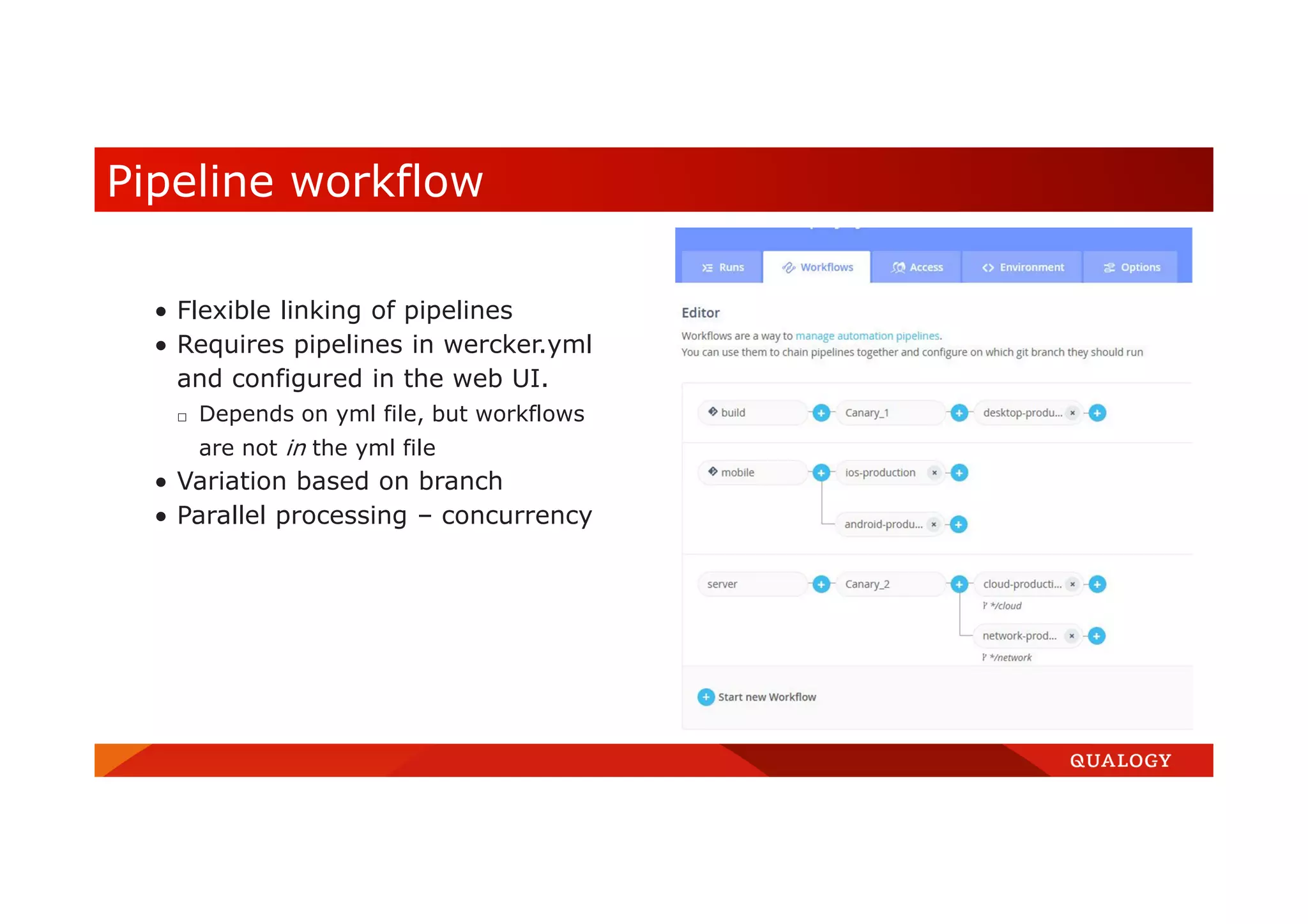  Flexible linking of pipelines  Requires pipelines in wercker.yml and configured in the web UI. □ Depends on yml file, but workflows are not in the yml file  Variation based on branch  Parallel processing – concurrency Pipeline workflow 