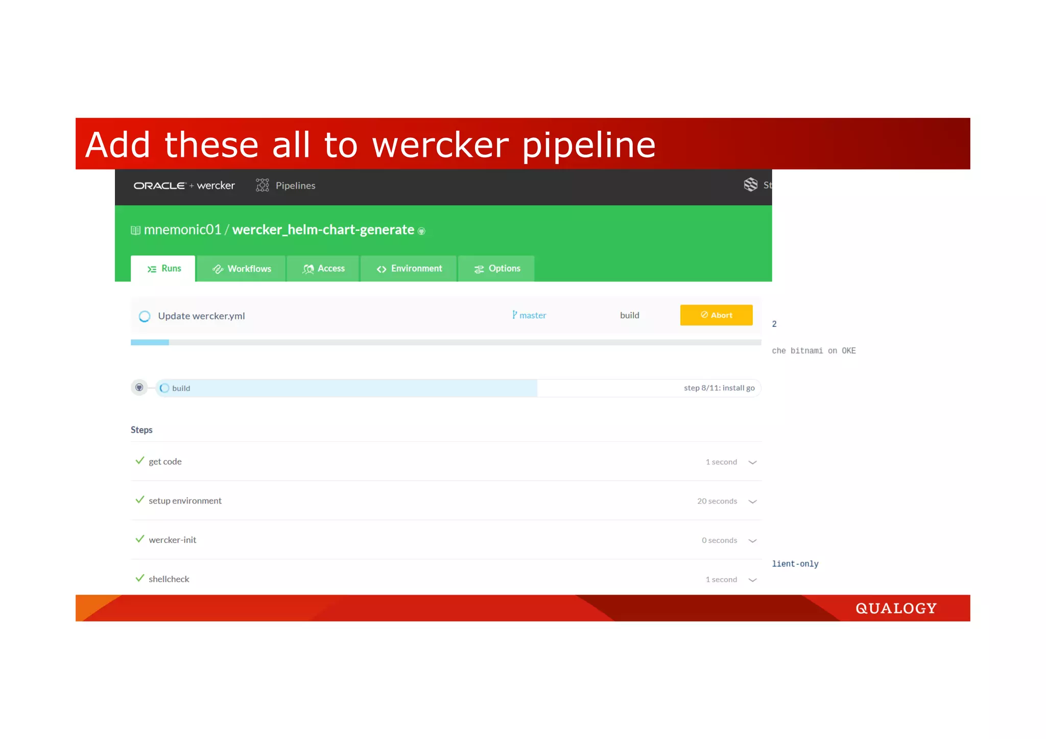 Add these all to wercker pipeline  Setup the git repository  Add application wercker_helm- chart-generate  Don’t generate wercker.yml  Set the proper variables  Run the build 