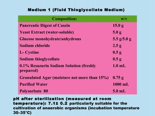 Composition: w/v
Pancreatic Digest of Casein 15.0 g
Yeast Extract (water-soluble) 5.0 g
Glucose monohydrate/anhydrous 5.5 g/5.0 g
Sodium chloride 2.5 g
L- Cystine 0.5 g
Sodium thioglycollate 0.5 g
0.1% Resazurin Sodium Solution (freshly
prepared)
1.0 mL
Granulated Agar (moisture not more than 15%) 0.75 g
Purified Water 1000 mL
Polysorbate 80 5.0 mL
pH after sterilization (measured at room
temperature): 7.1± 0.2 particularly suitable for the
cultivation of anaerobic organisms (incubation temperature
30–35°C)
Medium 1 (Fluid Thioglycollate Medium)
 