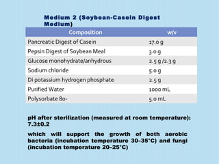Medium 2 (Soybean-Casein Digest
Medium)
Composition w/v
Pancreatic Digest of Casein 17.0 g
Pepsin Digest of Soybean Meal 3.0 g
Glucose monohydrate/anhydrous 2.5 g /2.3 g
Sodium chloride 5.0 g
Di potassium hydrogen phosphate 2.5 g
Purified Water 1000 mL
Polysorbate 80- 5.0 mL
pH after sterilization (measured at room temperature):
7.3±0.2
which will support the growth of both aerobic
bacteria (incubation temperature 30–35°C) and fungi
(incubation temperature 20–25°C)
 
