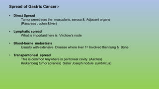 Spread of Gastric Cancer:-
• Direct Spread
Tumor penetrates the muscularis, serosa & Adjacent organs
(Pancreas , colon &liver)
• Lymphatic spread
What is important here is Virchow’s node
• Blood-borne metastasis
Usually with extensive Disease where liver 1st Involved then lung & Bone
• Transperitoneal spread
This is common Anywhere in peritoneal cavity (Ascites)
Krukenberg tumor (ovaries) Sister Joseph nodule (umbilicus)
 