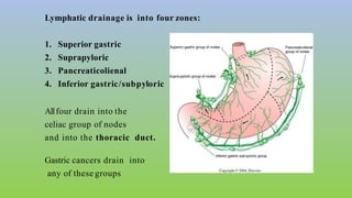 Lymphatic drainage is into four zones:
1. Superior gastric
2. Suprapyloric
3. Pancreaticolienal
4. Inferior gastric/subpyloric
Allfour drain into the
celiac group of nodes
and into the thoracic duct.
Gastric cancers drain into
any of these groups
 