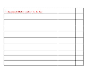 Daily Housekeeping Check List

                                                          Associate   √
(To be completed before you leave for the day)
Floors are clean & free of debris. (check underneath
your work bench)
Clean all bench tops & equipment from dust, oils &
debris
Turn off all equipment, computers, lights

Return all tools, parts, and supplies to designated
locations.
All kanban cards are handed in and properly placed
with the item
Chemicals & cleaning supplies are stored in proper
locations
Dispose all cardboard

Work stations are clutter free and well organized

Nothing is in the aisle ways
 