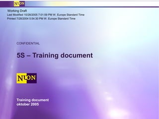 Working Draft
Last Modified 10/28/2005 7:01:59 PM W. Europe Standard Time
Printed 7/28/2004 5:54:30 PM W. Europe Standard Time
Training document
oktober 2005
5S – Training document
CONFIDENTIAL
 