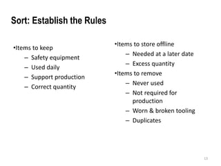 •Items to keep 
– Safety equipment 
– Used daily 
– Support production 
– Correct quantity 
•Items to store offline 
– Needed at a later date 
– Excess quantity 
•Items to remove 
– Never used 
– Not required for 
production 
– Worn & broken tooling 
– Duplicates 
13 
Sort: Establish the Rules 
 