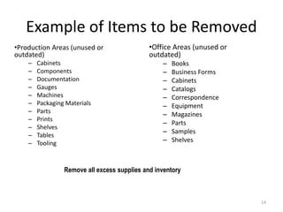Example of Items to be Removed 
•Production Areas (unused or 
outdated) 
– Cabinets 
– Components 
– Documentation 
– Gauges 
– Machines 
– Packaging Materials 
– Parts 
– Prints 
– Shelves 
– Tables 
– Tooling 
•Office Areas (unused or 
outdated) 
– Books 
– Business Forms 
– Cabinets 
– Catalogs 
– Correspondence 
– Equipment 
– Magazines 
– Parts 
– Samples 
– Shelves 
14 
Remove all excess supplies and inventory 
 