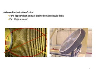 18 
Airborne Contamination Control 
Fans appear clean and are cleaned on a schedule basis. 
Fan filters are used 
Fan filter cover attached 
 