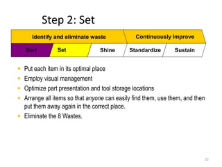 Step 2: Set 
Identify and eliminate waste Continuously Improve 
Sort Set Shine Standardize Sustain 
 Put each item in its optimal place 
 Employ visual management 
 Optimize part presentation and tool storage locations 
 Arrange all items so that anyone can easily find them, use them, and then 
22 
put them away again in the correct place. 
 Eliminate the 8 Wastes. 
 