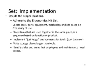 Set: Implementation 
• Decide the proper locations. 
– Adhere to the Ergonomics Hit List. 
– Locate tools, parts, equipment, machinery, and jigs based on 
frequency of use. 
– Store items that are used together in the same place, in a 
sequence based on function or product. 
– Implement “just let go” arrangements for tools. (tool balancer) 
– Make storage places larger than tools. 
– Identify aisles and areas that employees and maintenance need 
access. 
24 
 